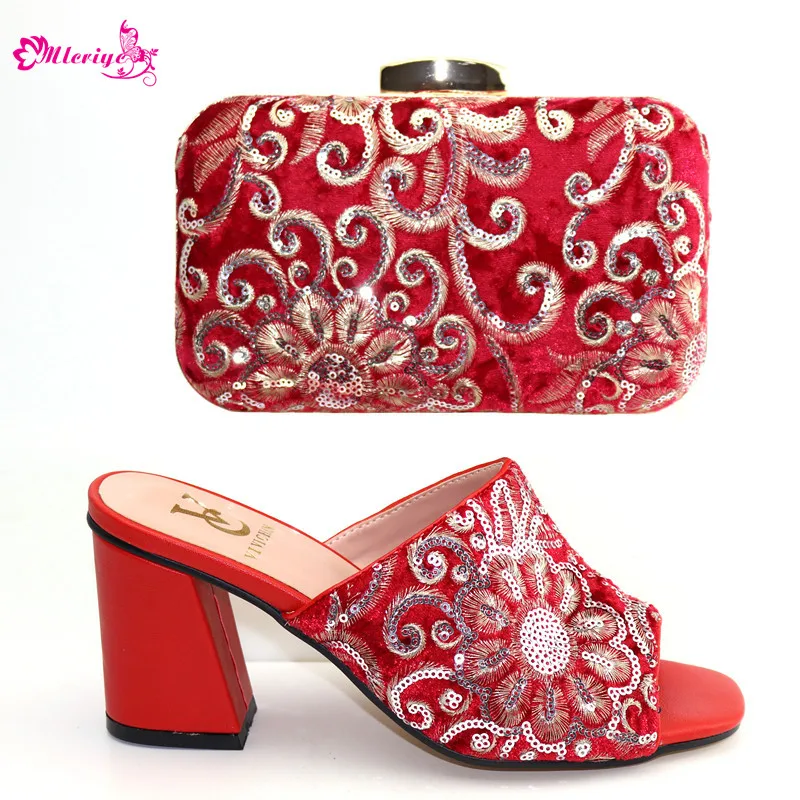 

2019 Latest Red Coral Italian Ladies Shoes and Bags To Match Set Decorated with Rhinestone African Party Wedding Shoes High Heel