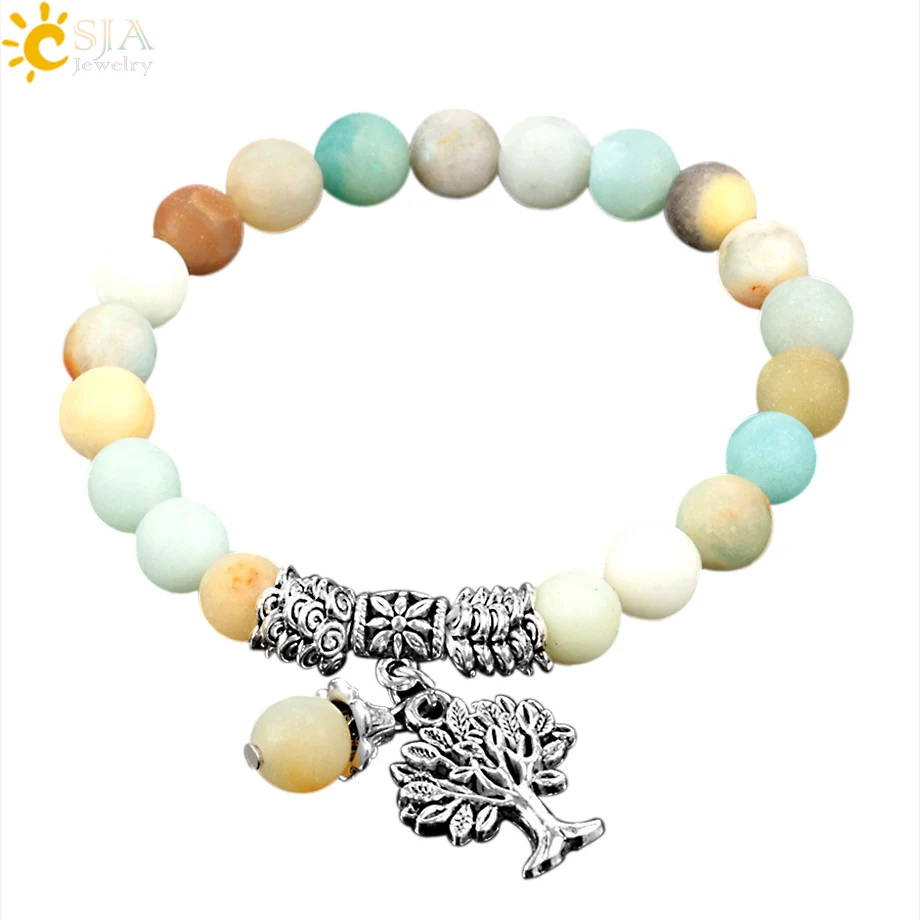 

CSJA Natural Amazonite Stone Meditation Bracelets Tree of Life Round Prayer Yoga Matte Mala Beads Bracelet Chakra Jewellery E739