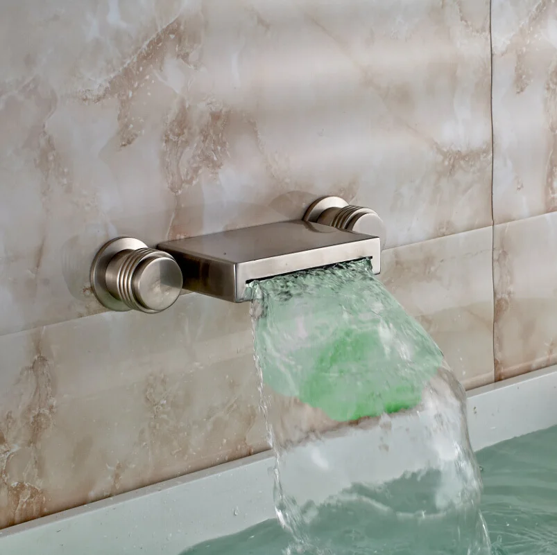 Nickel Brushed Waterfall LED Spout Basin Faucet Mixer Tap Wall Mounted Hot and Cold 2 Handles