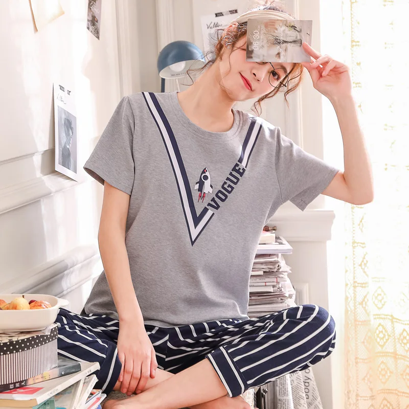 Парные пижамные комплекты летняя одежда для сна Пижама в полоску из хлопка короткий топ+ длинные штаны комплект из 2 предметов домашняя одежда для влюбленных размера плюс M-3XL