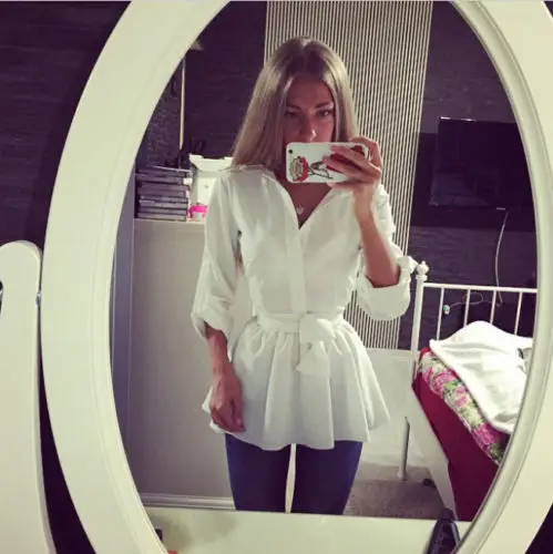

Autumn Derable Basic White Blouse Women Ladies Loose Casual Long Sleeve Shirt Cotton Blouse Tops Lace Up Shirt