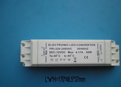 

Hottest!!! 1pcs CE Rohs MR16/MR11/G4 LED Light Electronic driver 50w Power 12v Output Size 170*46.5*37MM 170g/pcs in white box