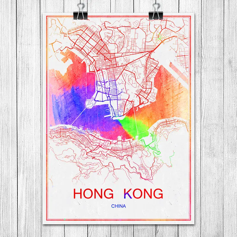 hong kong china famous colorful world city map print poster abstract