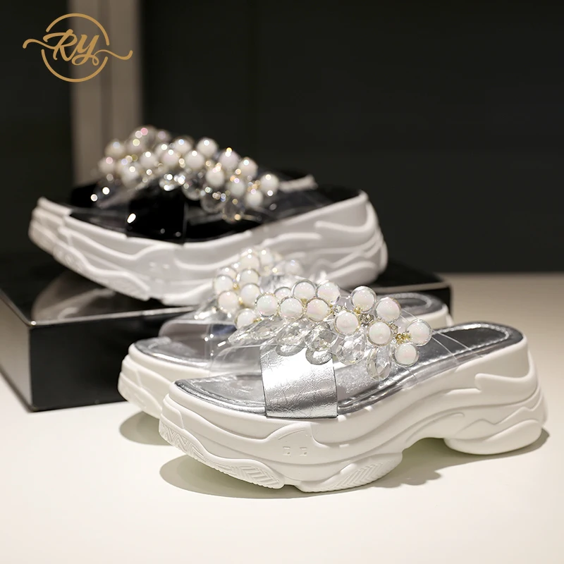 

RY-RELAA slippers women rhinestone shoes women Genuine Leather womens designer shoes silver shoes for women 2018 summer new