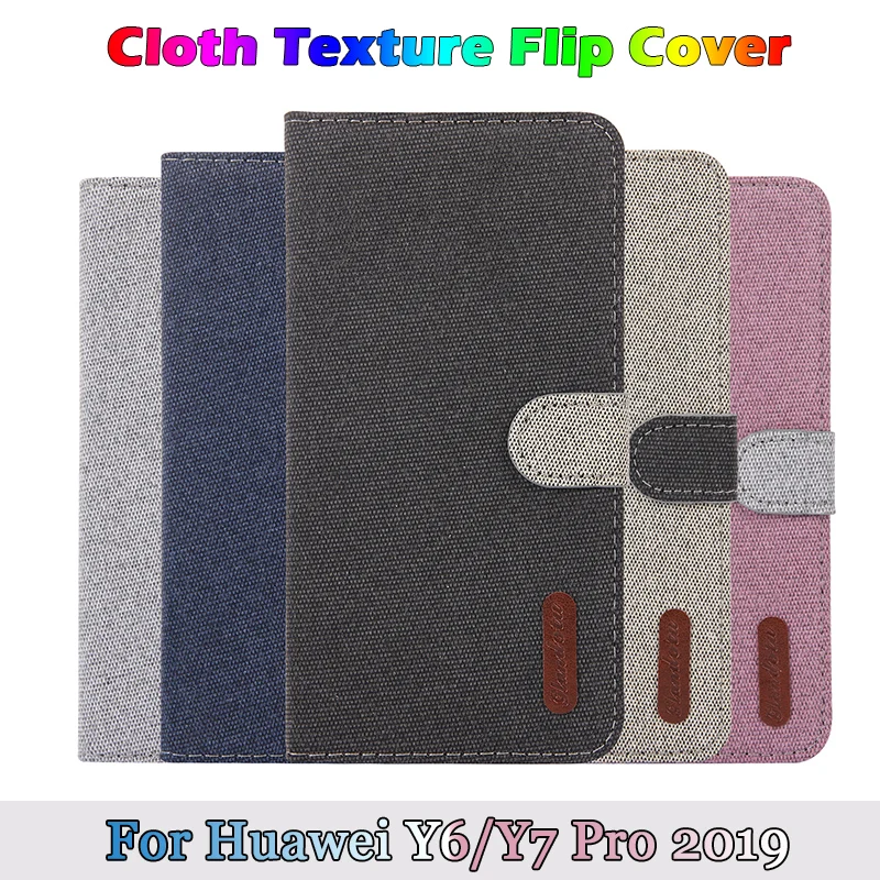 

Cloth Texture Case For Huawei Y7 Y6 Pro 2019 Fabric Leather Flip Wallet Cover Stand Card Holder Phone Bags Hawei Y7prime Carcasa