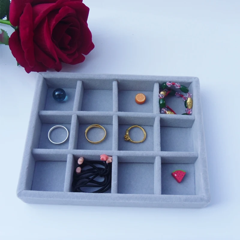 

L15.7*W11.7*H2.5cm Gray Velvet Jewellery Organizer DIY Rings Bracelets Gift Box Jewelry Storage Tray Earrings Holder Packaging