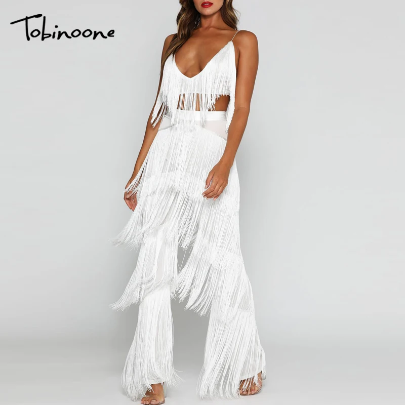

Tobinoone Spaghetti Strap Women Romper Jumpsuit Romper Tassel Sleeveless Red Sexy Long Playsuits Elegant V Neck Solid Playsuits