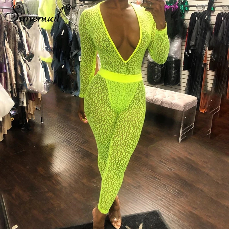 

Simenual Neon Color Sexy Hot Matching Sets Women Transparent Leopard Two Piece Outfit Mesh Deep V Neck Bodysuit And Leggings Set