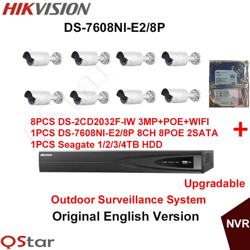 

Hikvision Original English Outdoor Surveillance System DS-2CD2032F-IW 3MP IP WIFI Camera POE+6MP Recording NVR DS-7608NI-E2/8P