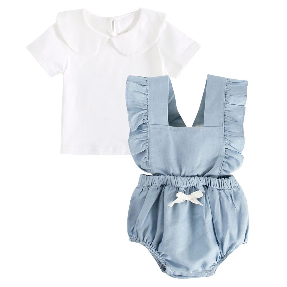 Одежда для новорожденных девочек; модная весенняя белая рубашка с короткими рукавами+ комбинезон; боди; комплект одежды из 2 предметов; От 0 до 3 лет одежда