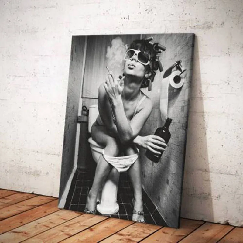 

Lady Girl Smoking Drinking On Toilet Canvas Print Wall Art Framed Ready To Hang