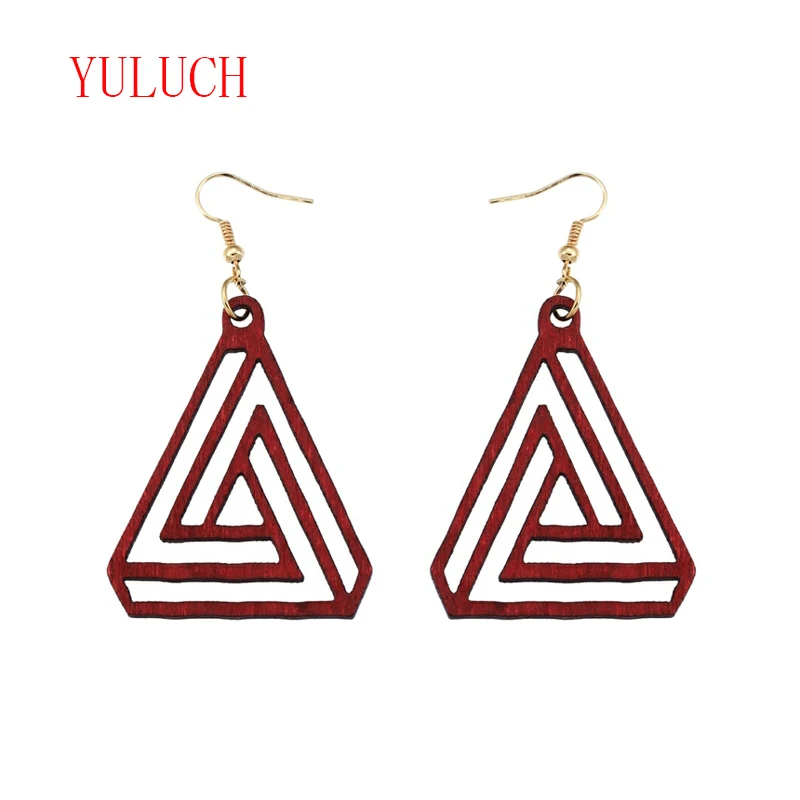 

YULUCH 2018 Fashion Design Wooden Isometric Triangle Openwork Loop Pendant for African Women Earrings Jewelry Gifts