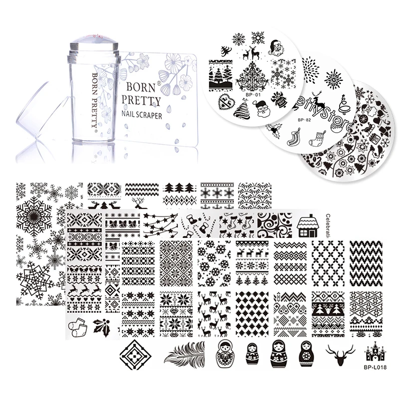 

BORN PRETTY 8Pcs Christmas Nail Stamping Plates Set Round Rectangle Image Template with Clear Jelly Stamper Scrapper