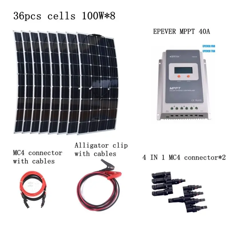 

8pcs 100W Flexible Solar Panel M with EPEVER MPPT 40A Controller and Extended Cables House-use 800W Solar Power System