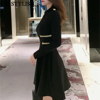 

2019 Spring New French Vintage Button Epaulette Black A-line Bandage Long Sleeve Women's Dress Slim Waist White One-piece Dress
