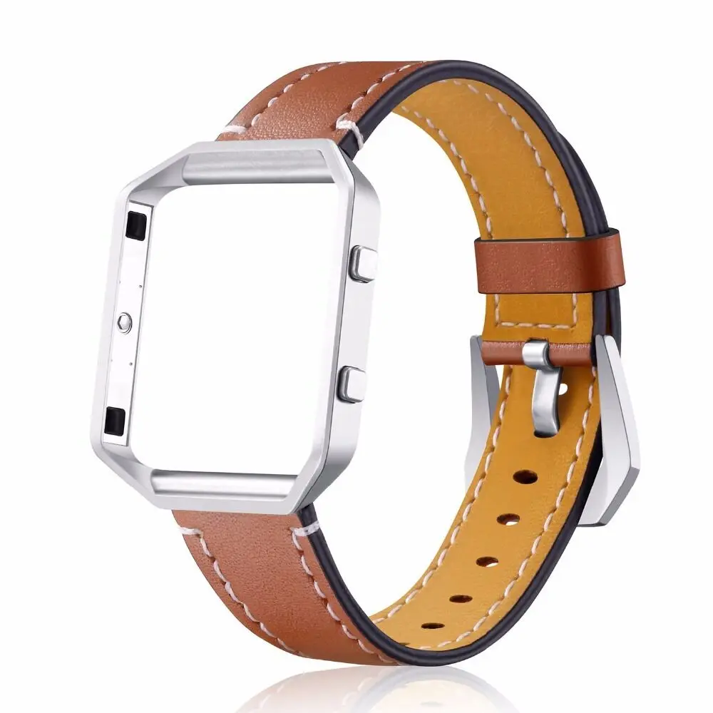 Ремешок для часов из натуральной кожи для Fitbit Blaze, сменный ремешок+ Meatal Frame House Wrsit, ремешок для смарт-часов Fitbit Blaze - Цвет ремешка: Brown and silver