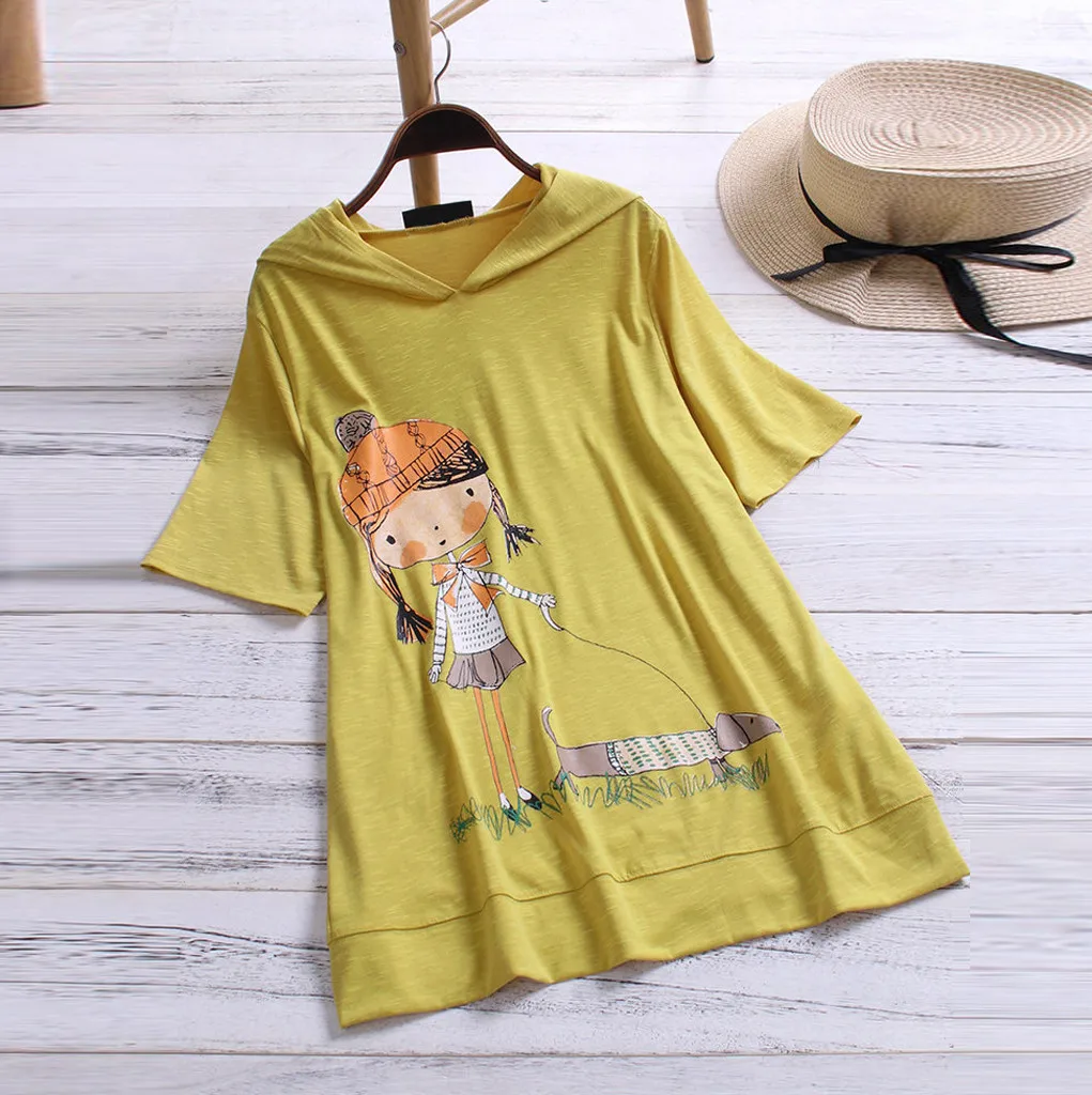 

Plus Size Summer Fashion Cartoon Print Blouse Hooded Loose Tee Tops Female Women's Short Sleeve Shirt Blusas Femininas Pullover