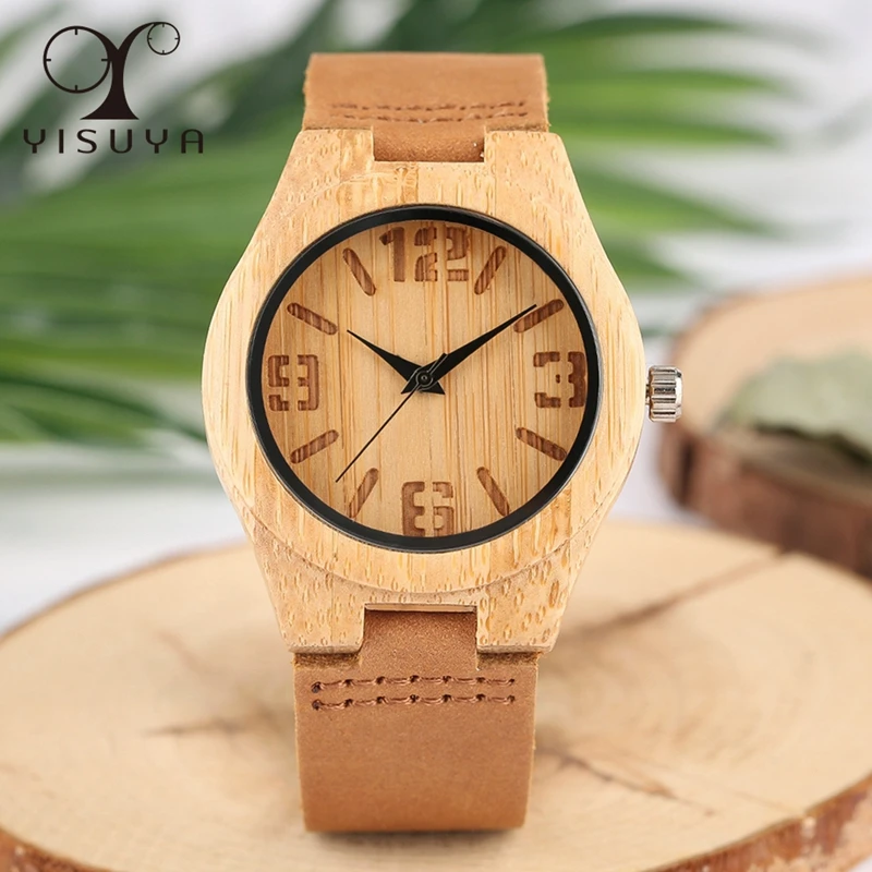 Yisuya минималистский Для женщин Часы древесины бамбука тяга арабскими цифрами Творческий Наручные часы кожаный ремешок кварцевые часы