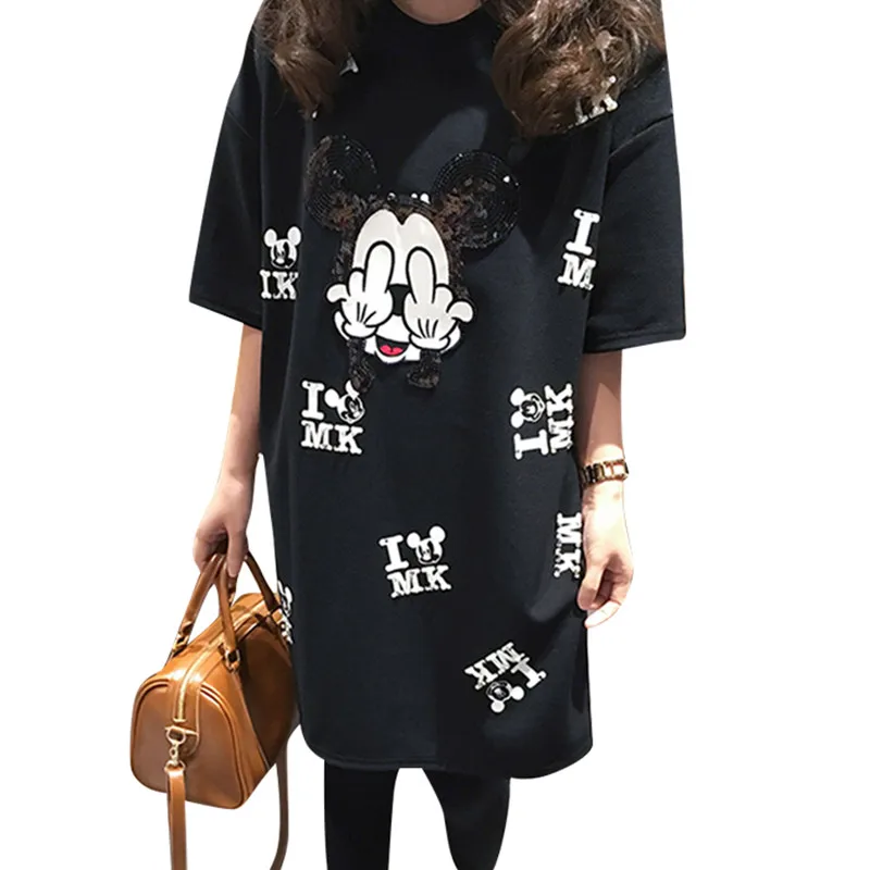 

JSXDHK Oversize Women Long T-Shirt Dress Runway Summer Mickey Sequined Cartoon pattern T-Shirt Female Casual Loose T- Shirts