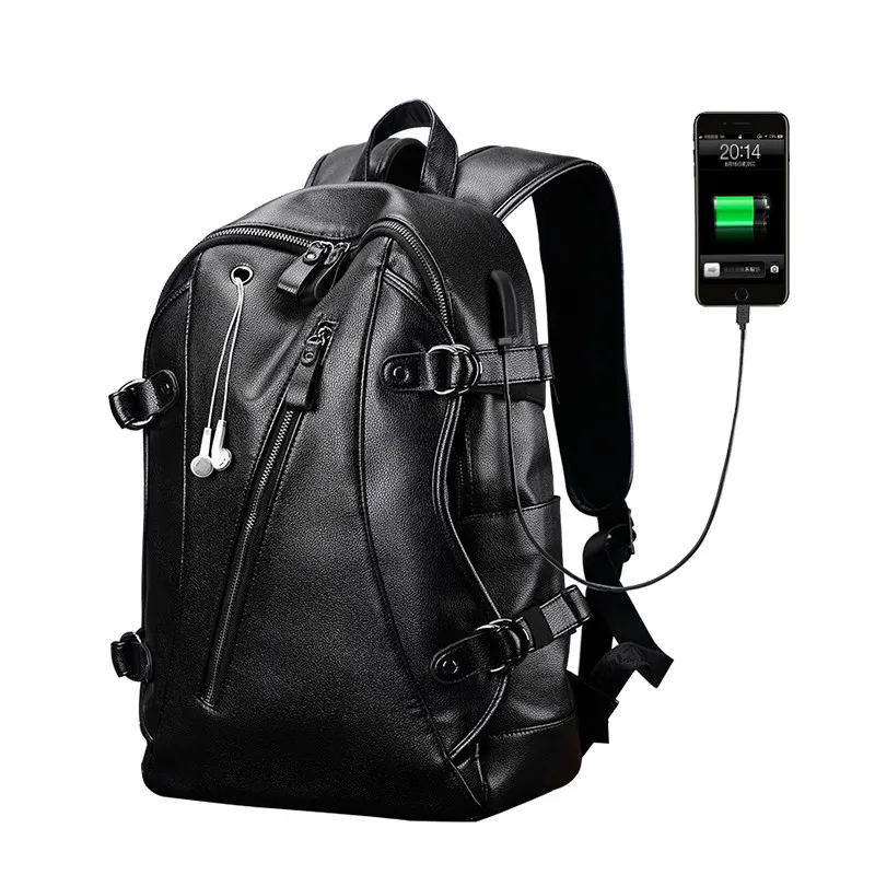 

PU Leather Backpack Men USB Charging Waterproof Casual Backpacks Laptop Fashion Travel Bag Casual School Bag leather bookbag