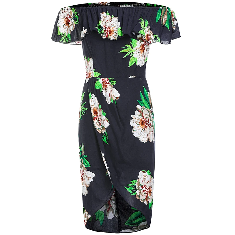 Knee length Dress Qomen Off Shoulder Summer Dresses Floral Print