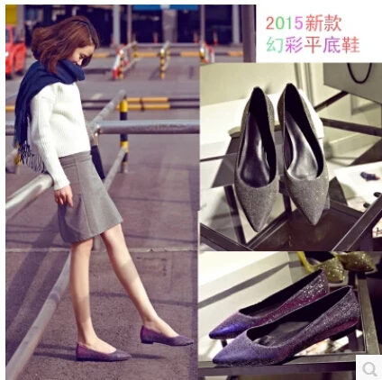 

w-Free shipping new 2016 European Spring color intrigue single shoes woman fashion low heels girls sexy pointed toe gold purple