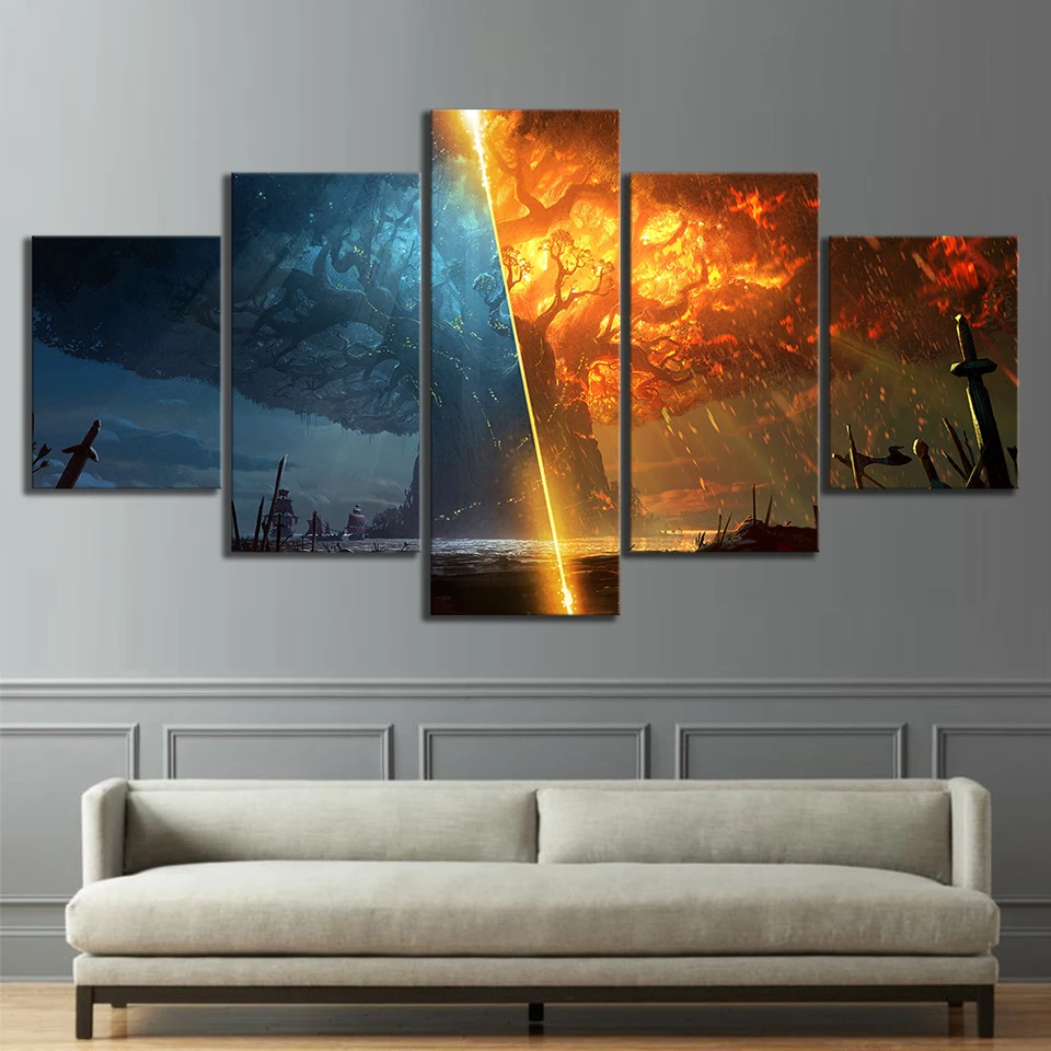 5-Piece-Teldrassil-Burning-World-of-Warcraft-Battle-for-Azeroth-Game-Posters-Canvas-Painting-Wall-Art
