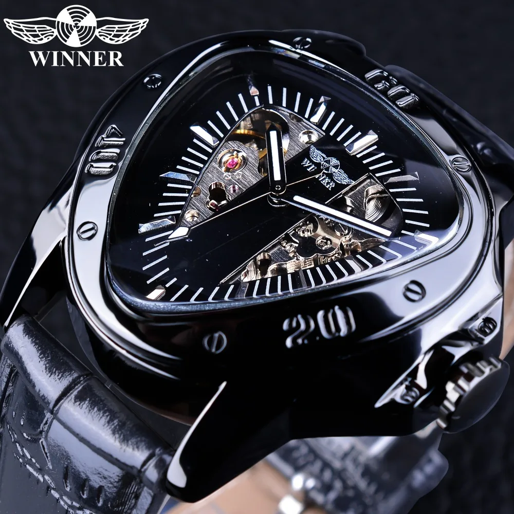 Winner Full Black Unique Triangle Dial Design Luminous Hands Sport Clock Male Mechanical Automatic Watches Top Brand Luxury