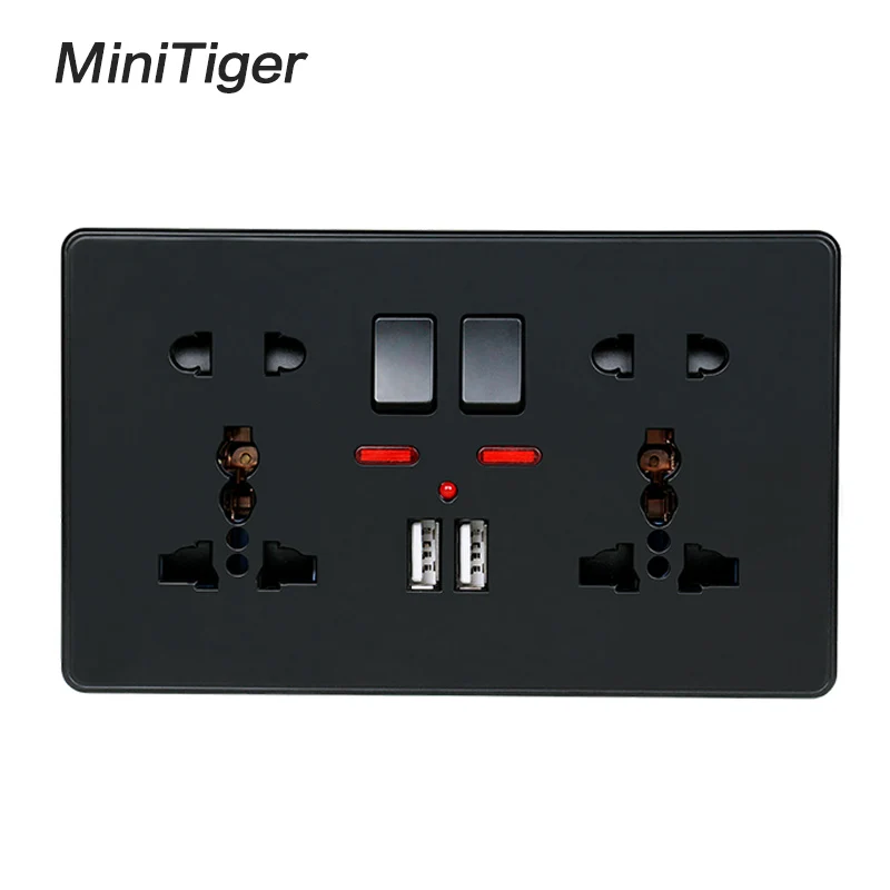 Настенная розетка Minitiger двойная универсальная с 5 отверстиями неоновым 2 1a