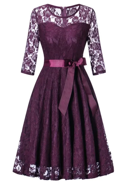 Новинка, винтажное короткое вечернее платье с овальным вырезом, большие размеры, красное вино, кружевное ТРАПЕЦИЕВИДНОЕ вечернее платье, Vestido de Noche, официальные розовые платья - Цвет: Grape Purple