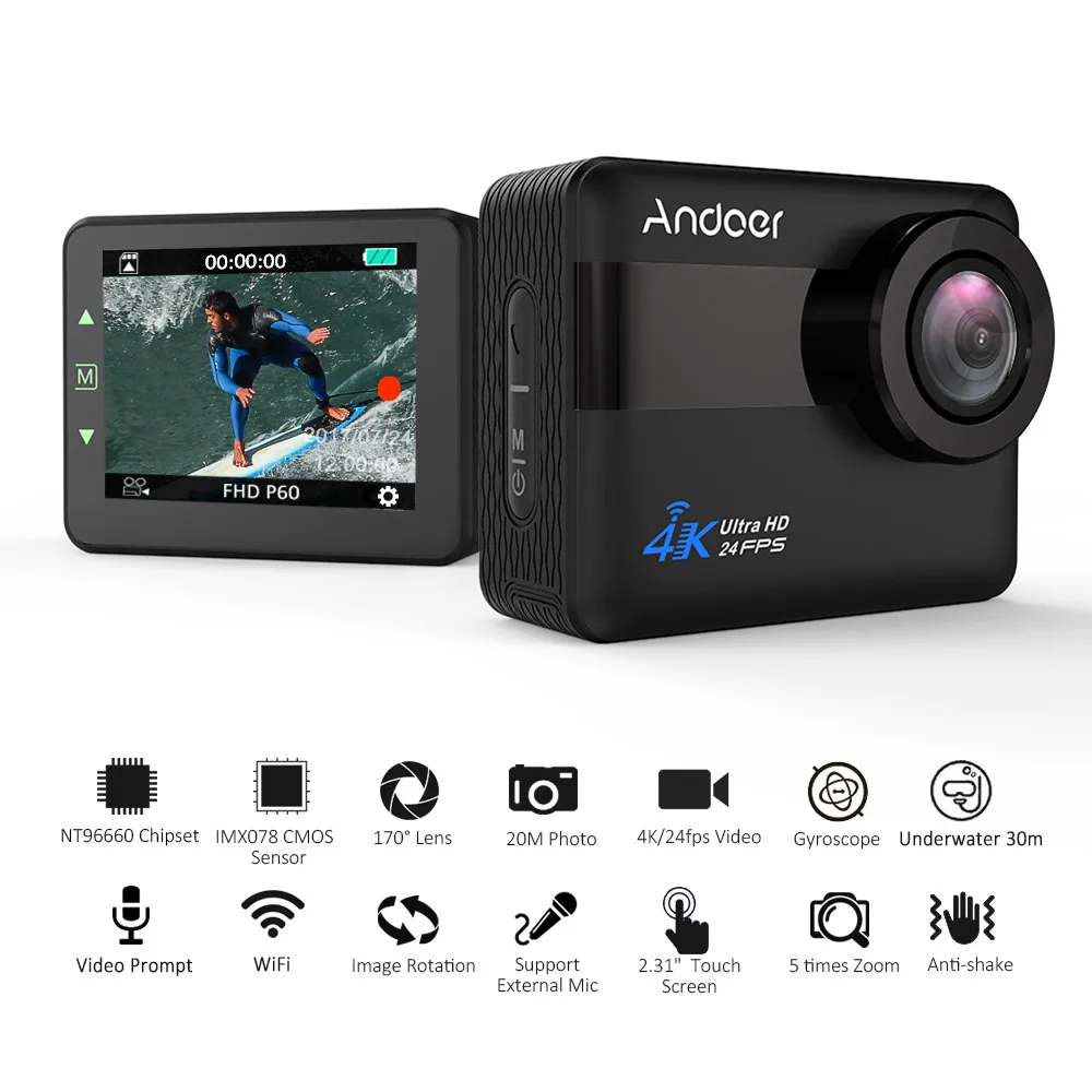 Andoer 4 K WiFi Спортивная экшн-камера 1080 P Full HD 20MP Novatek 96660 чипсет сенсорный экран с широкоугольным объективом 170 градусов