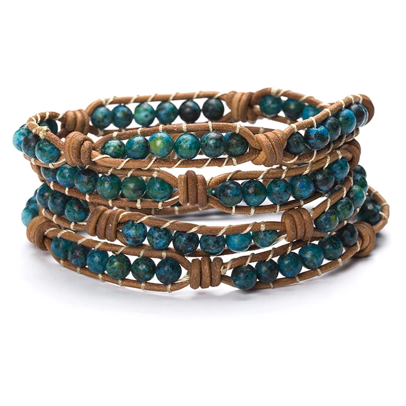 

Women Men Round Bead Bracelet 6mm Natural Phoenix Lapis Lazuli Leather Charm Strand Handmade Woven Wrap Bracelet Jewelry