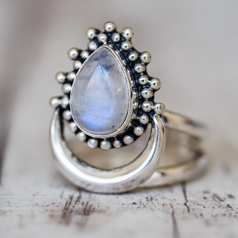 Charm Large Antique Brand Marquise Moonstone Rings 925 Silver Women's Vintage Punk Jewelry Ring Unique Anniversary Party Gift