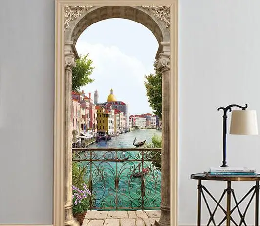

Free shipping 3D European water city arch Door Sticker for Bedroom Living Room gift art PVC Waterproof Decal door wrap 77*200cm