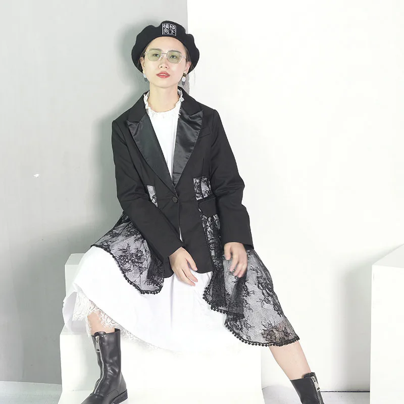 Manteau eam Dentelle Asymétrique Oa1 Longues V Printemps Unique cou Formelle Manches 2019 Patchwork Noir Black Femmes Personnalité À Bouton rrwZHB