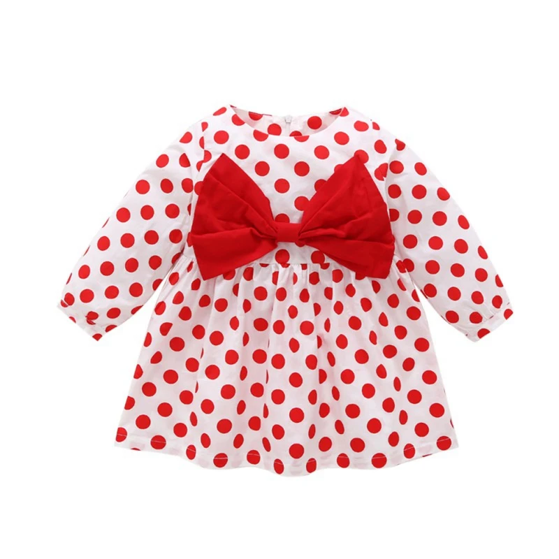 

Knee-Length O-neck A-line Summer Casual Baby Girls Polka Dot Pattern Long Sleeve Dress With Bowknot Design Kids Toddler Sundress