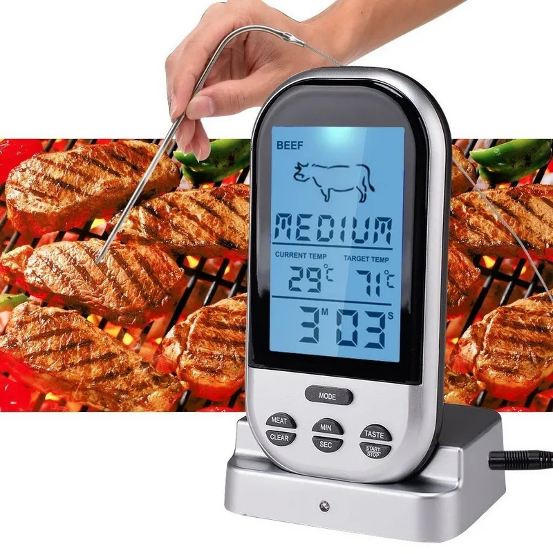 Kaufen Digitale BBQ Thermometer Wireless Thermometer Timer Backofen Grill Fleisch Kochen Remote Grill Meter Haushalt Sonde Küche Werkzeug