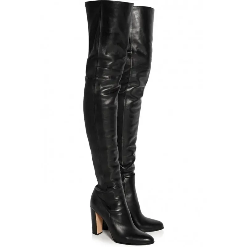Koop Over De Knie Zwart Zacht Leer Dij Hoge Dames Laarzen Chunky Hoge Hakken Slip Op Lente Herfst Rits Effen vlakte Vrouw Schoenen