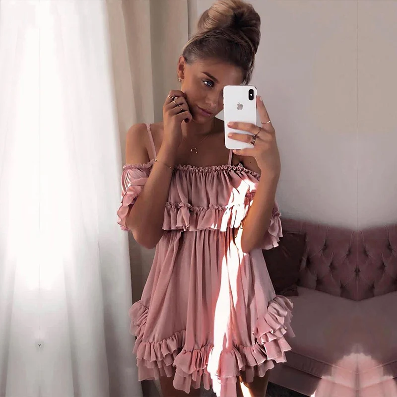 BeAvant-Off-shoulder-strap-chiffon-summer-dresses-Women-ruffle-pleated-short-dress-pink-Elegant-holiday-loose(4)