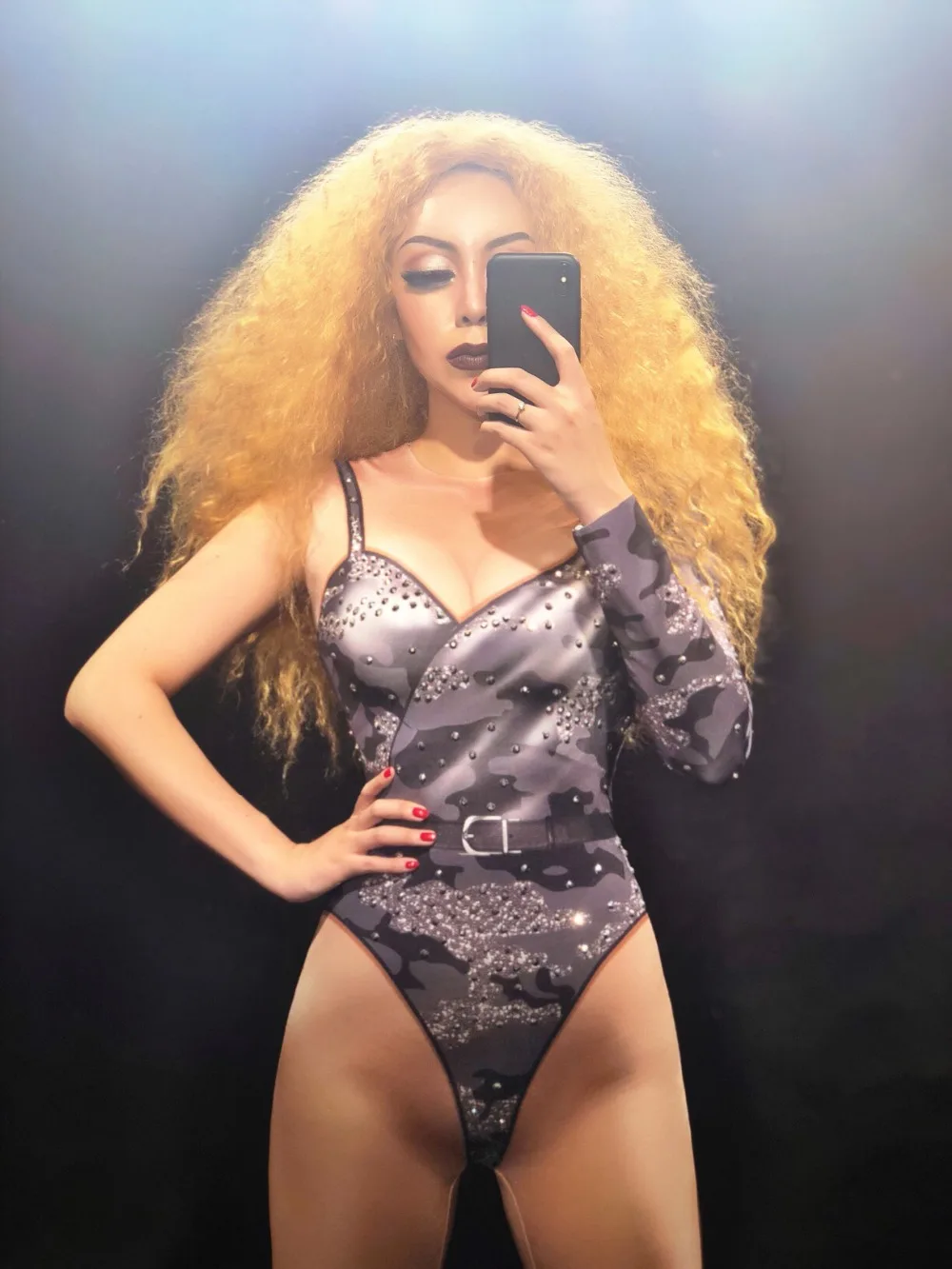 Women N Sexy Black Camo Rhinestone Flash Jumpsuit 3D Print Nightclub Party Bodysuit Stage Wear Bling Costumes Dancer Singer |