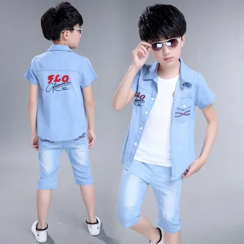 

Kids Clothes Boy Summer Clothes Set Boys Denim Shirt + Jeans Shorts Children Boys Clothing Set Brand Clothes for Boys Size 4-14