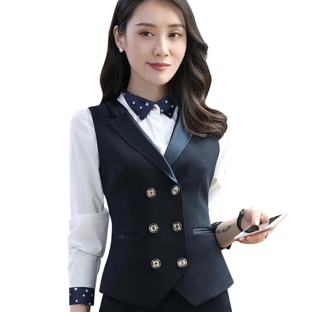 

Fashion business Interview women vest spring Slim V Neck Double row button Formal office ladies vest coat plus size uniforms