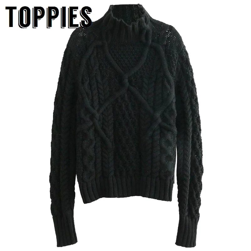 

Autumn Winter Rib Twist Knitted Turtleneck Sweater Women White Black Pullovers Sweater Long Sleeved Hollow Out Tops