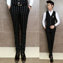 Высококачественный полосатый костюм Штаны мужские классические черные платье брюки Слим Фит Мужская, в деловом, повседневном стиле брюки и жилет