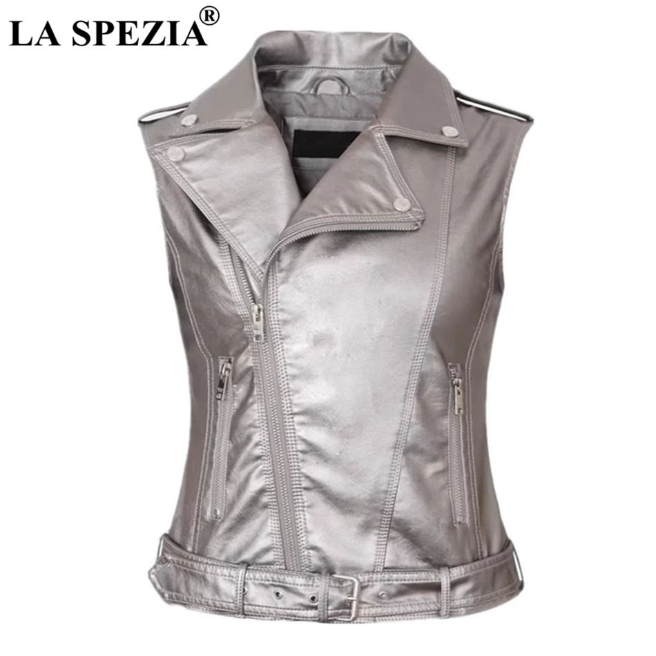 LA SPEZIA Biker Waistcoat Women Pink Streetwear Vest Ladies Belt Faux Leather Punk Zipper Short Female Sleeveless Jackets Black