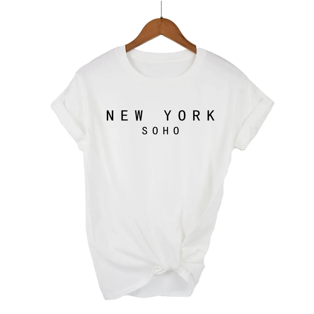 

New York Soho Letter Women tshirts Cotton Casual Funny T Shirt For Lady Top Tee Hipster Black White Gray Drop Ship