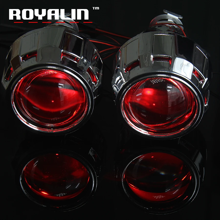 ROYALIN HID Bi Xenon Projector Lens 2.5'' External HeadLights Lens w/Shrouds Black Sliver Devil