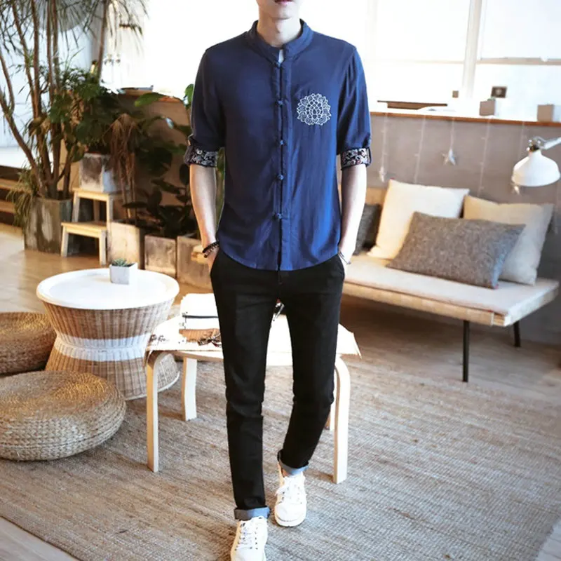 Традиционная мужская одежда китайская Восточная Мужская льняная рубашка с короткими рукавами льняная белая рубашка винтажная льняная ткань TA130