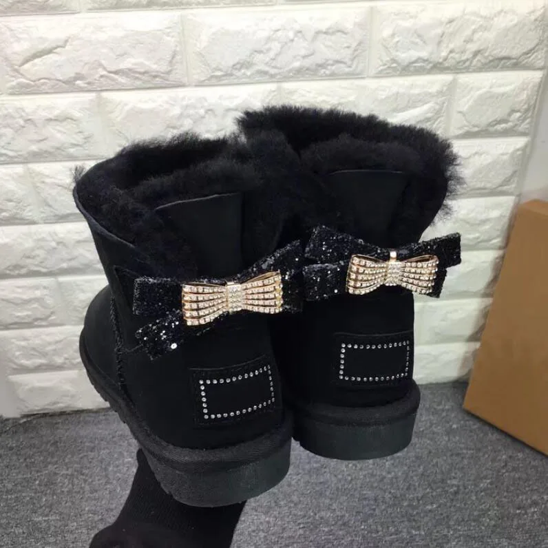 

2019 Fashion Two Bows Real Sheepskin Women's Winter Woman Snow Boots Mid Calf Genuine Sheepskin Women Boots Women Shoes
