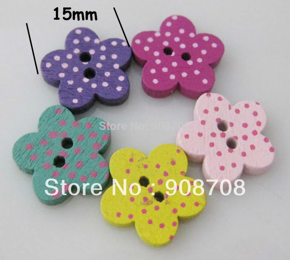 

150PCS Dot Printed Wood Button Beads Flower Shape 2 Holes 15mm Suit For Jewelry Making Free Shipping W044